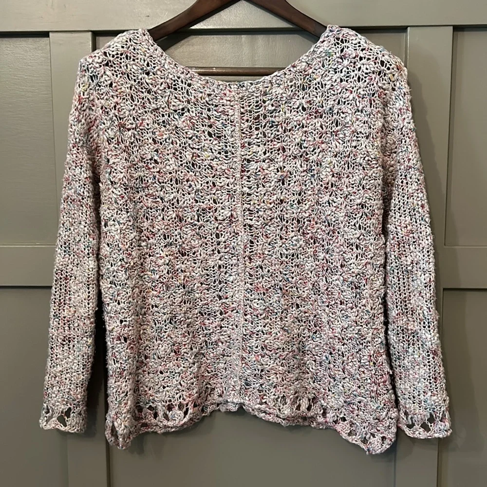 Free People Rainbow Speckle Open Knit Crochet Sweater Scoop Neck Cotton Size XS